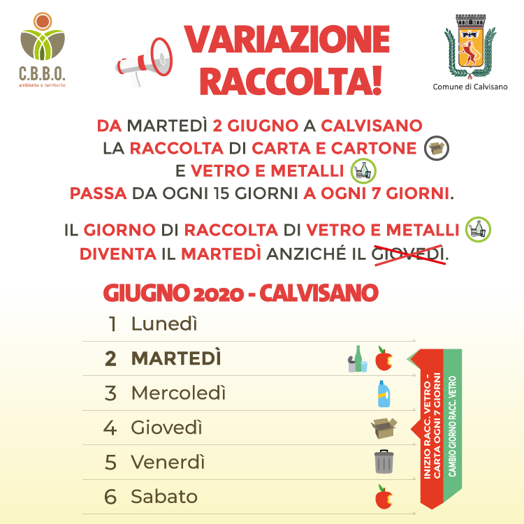 DA MARTEDÌ 2 GIUGNO A CALVISANO LA RACCOLTA PORTA A PORTA DI CARTA E CARTONE E VETRO E METALLI DIVENTA SETTIMANALE!